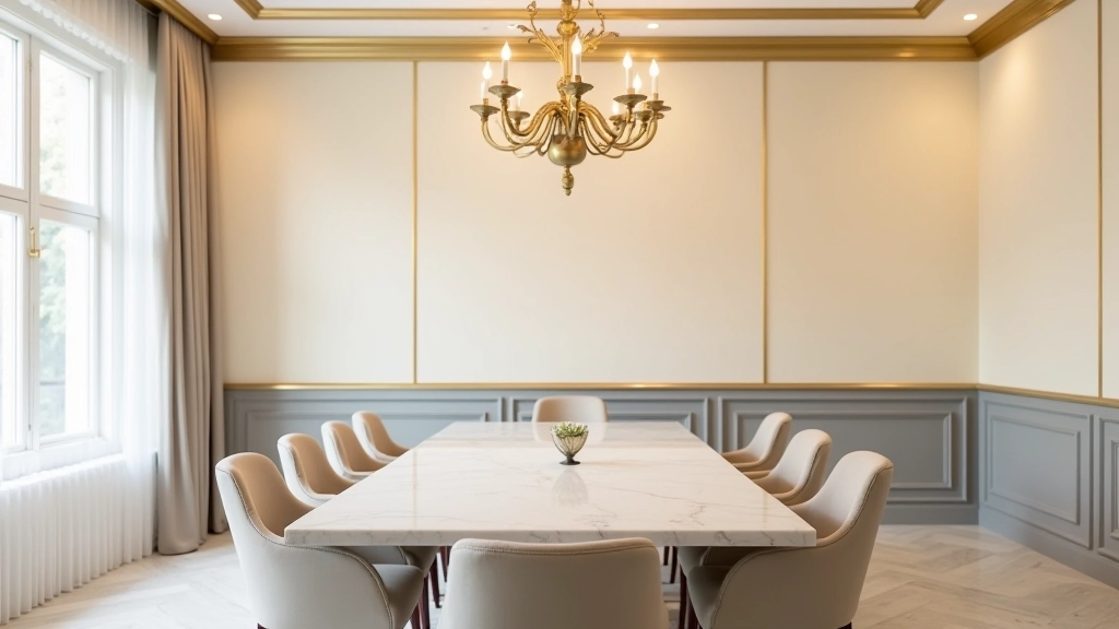Comedor de lujo con pared de dos tonos, superior en crema suave y inferior en gris perla, con molduras doradas decorativas en la línea de división, mesa de comedor de mármol, candelabros vintage