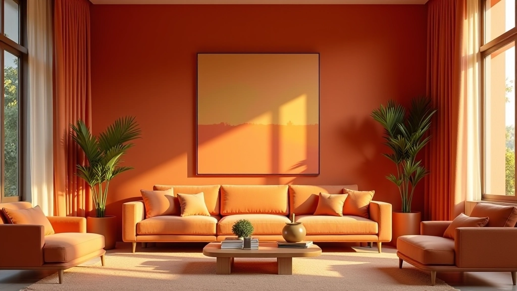 Sala de estar con paredes en tonos cálidos y decoración de lujo, iluminación natural dorada