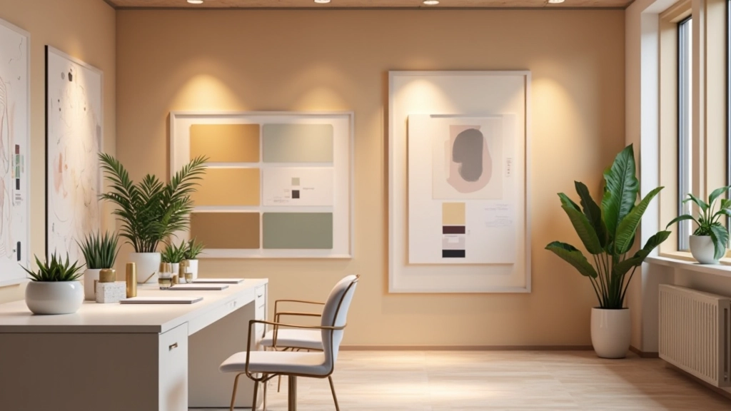Espacio de oficina de consultoría con muestras de pintura y proyectos en pared